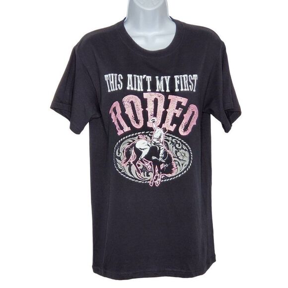 Womens This Ain't My First Rodeo Graphic Tee Shirt Sz S Bucking Bronc Black Pink - Picture 1 of 4